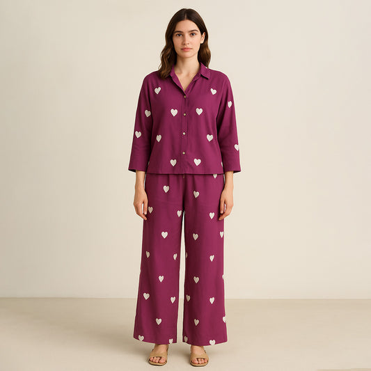 Berry Viscose Heart Embroidered Co-Ord Set