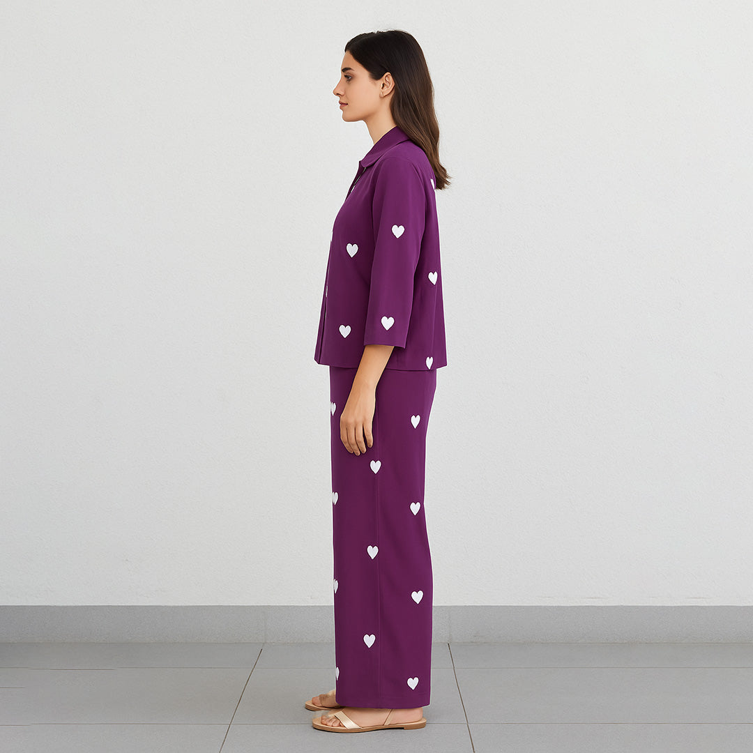 Berry Viscose Heart Embroidered Co-Ord Set