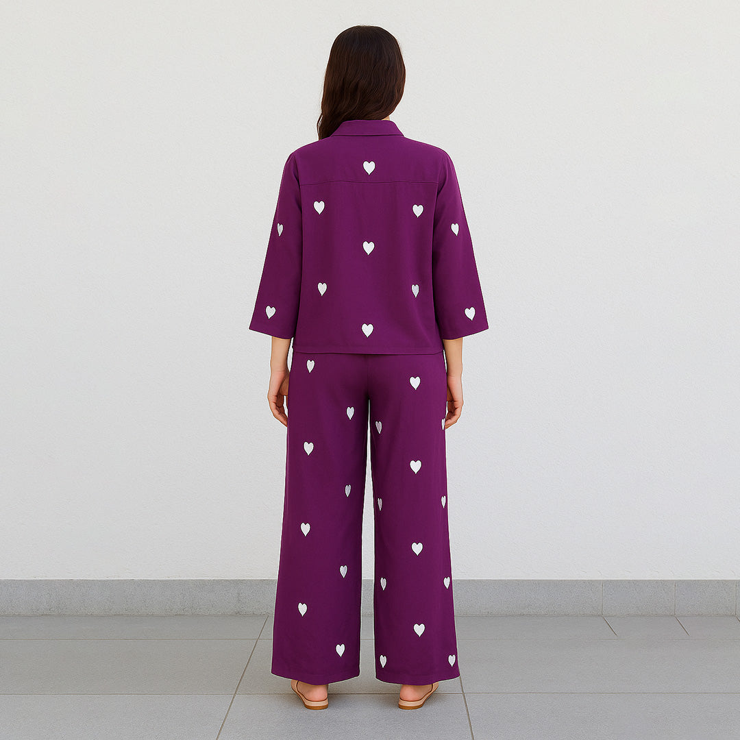 Berry Viscose Heart Embroidered Co-Ord Set