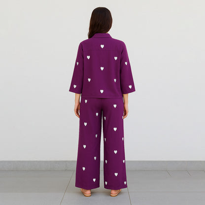 Berry Viscose Heart Embroidered Co-Ord Set