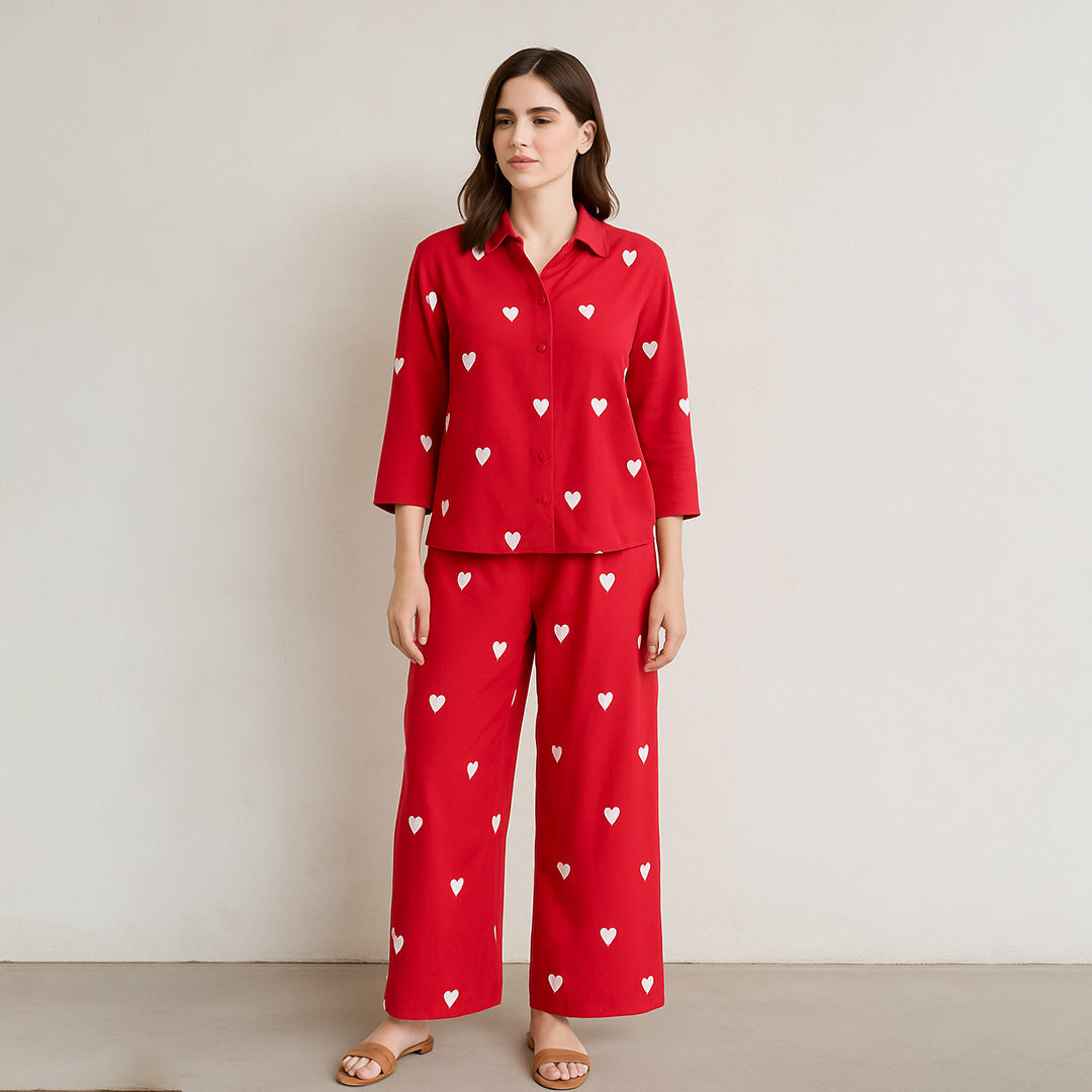 Red Heart Embroidered Viscose Co-Ord Set