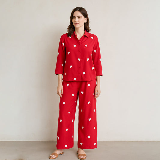 Red Heart Embroidered Viscose Co-Ord Set