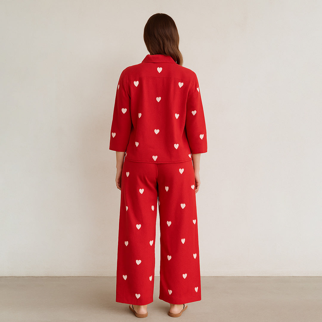 Red Heart Embroidered Viscose Co-Ord Set