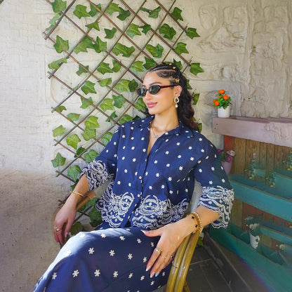 Navy Blue Cotton Embroidered Co-Ord Set