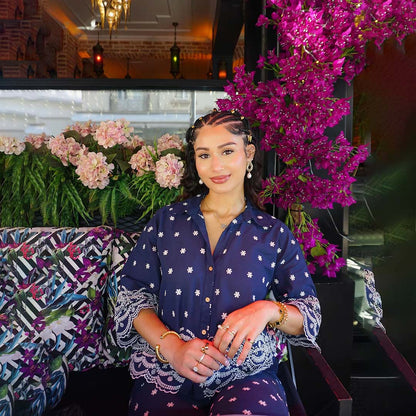 Navy Blue Cotton Embroidered Co-Ord Set