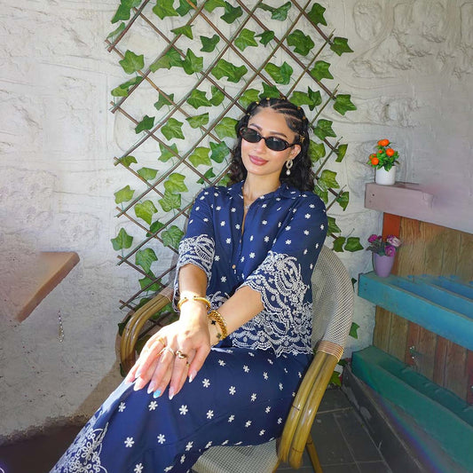 Navy Blue Cotton Embroidered Co-Ord Set