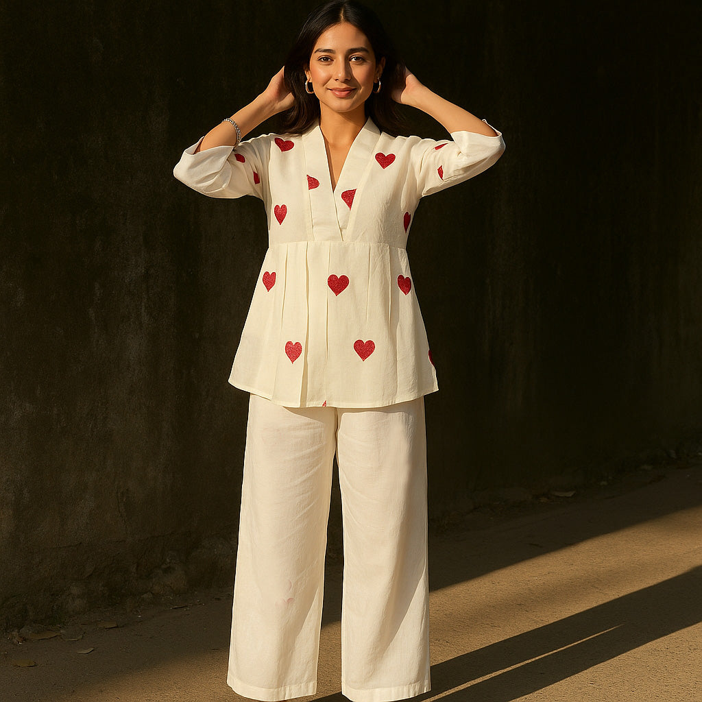 Ivory Linen Heart Embroidered Co-Ord Set