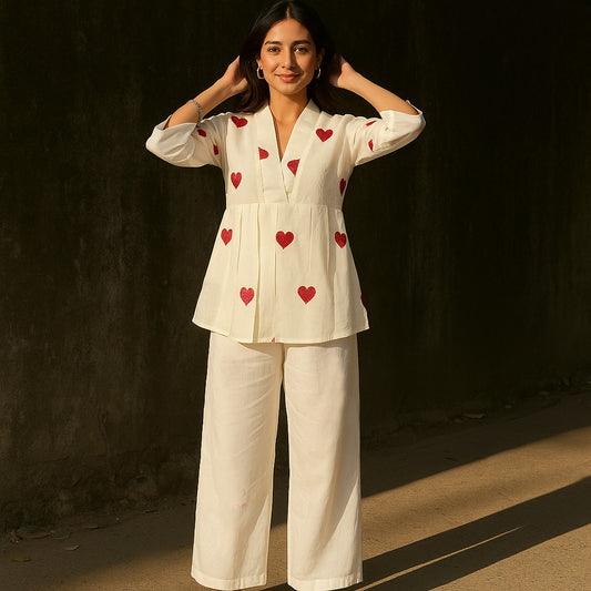 Ivory Linen Heart Embroidered Co-Ord Set
