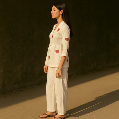 Ivory Linen Heart Embroidered Co-Ord Set