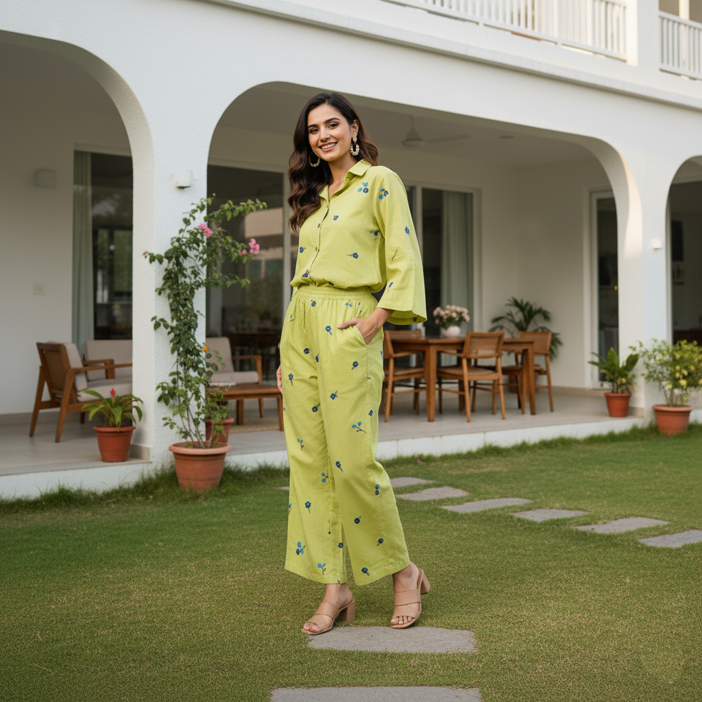 Lime Green Cotton Embroidered Co-Ord Set