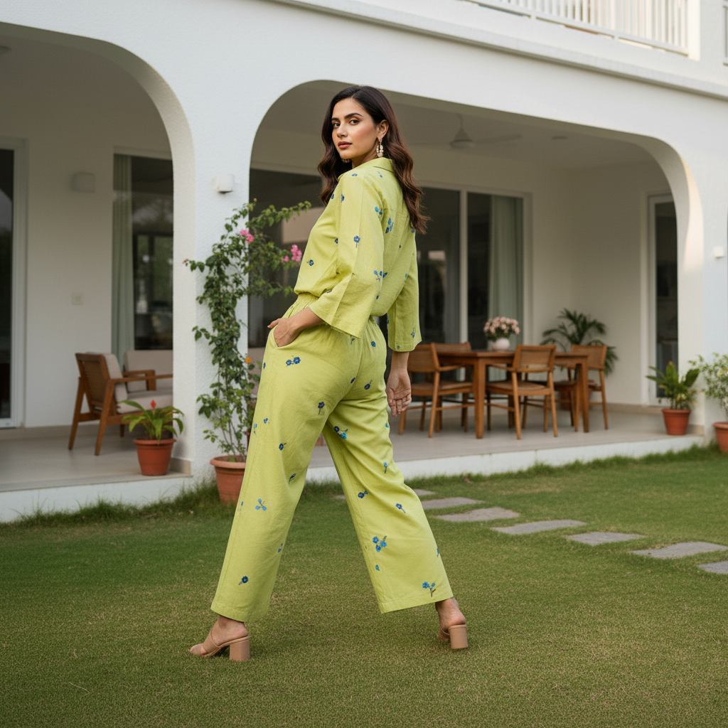 Lime Green Cotton Embroidered Co-Ord Set