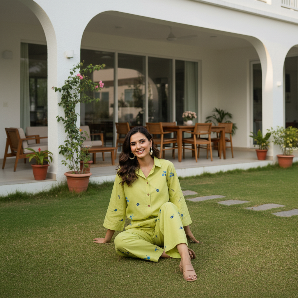 Lime Green Cotton Embroidered Co-Ord Set