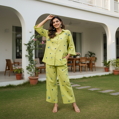 Lime Green Cotton Embroidered Co-Ord Set
