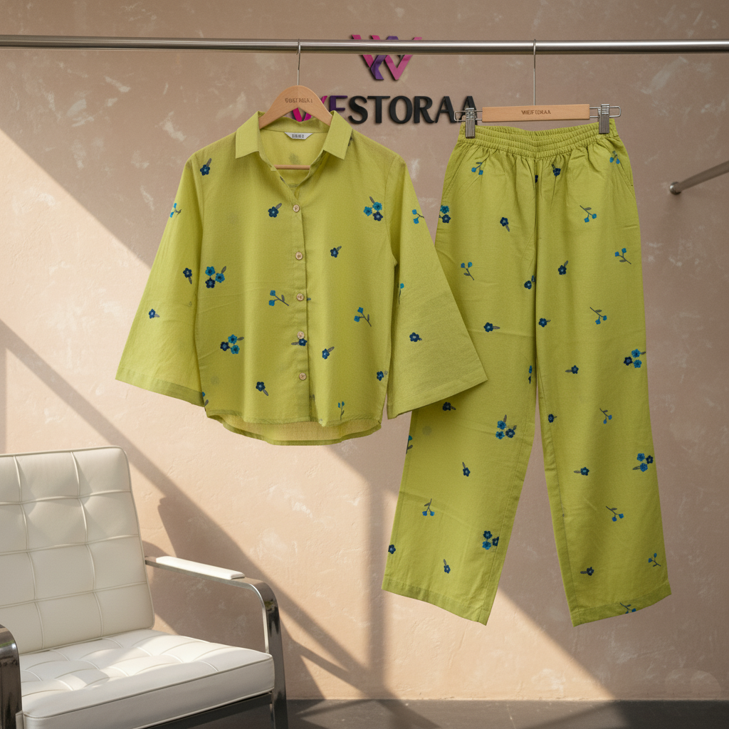 Lime Green Cotton Embroidered Co-Ord Set