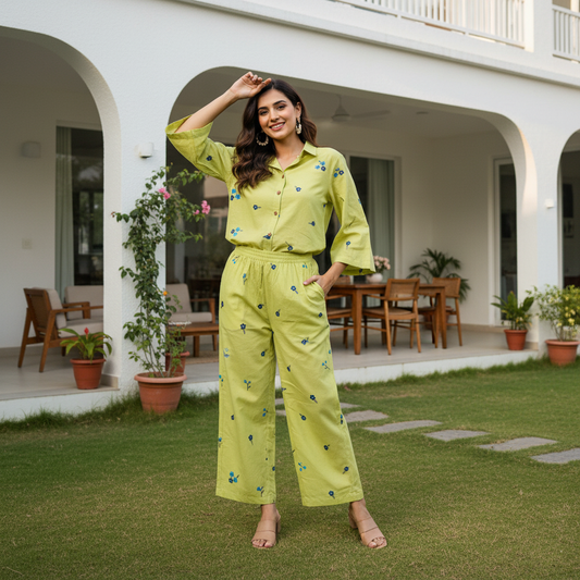 Lime Green Cotton Embroidered Co-Ord Set