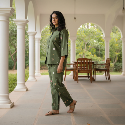 Olive Green Cotton Embroidered Co-Ord Set