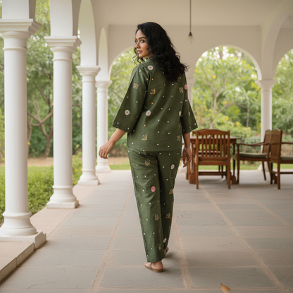 Olive Green Cotton Embroidered Co-Ord Set