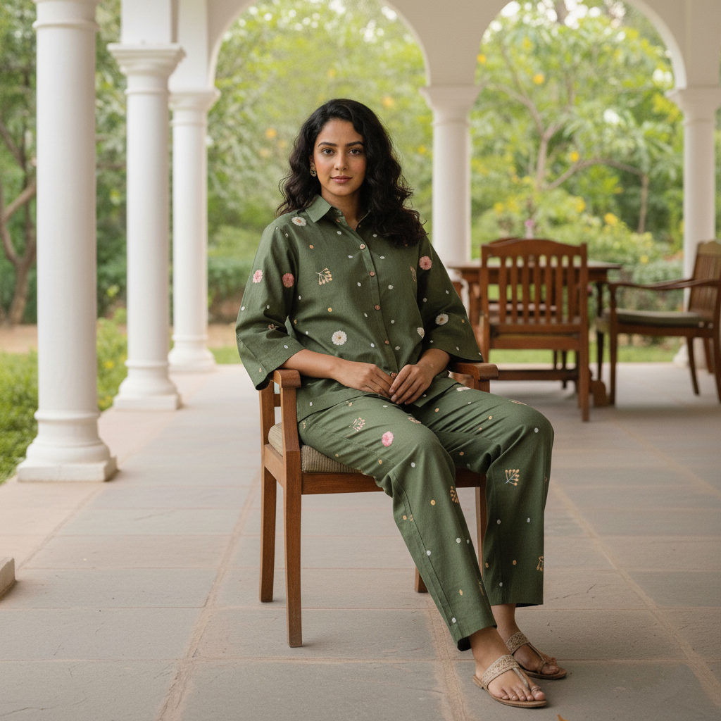 Olive Green Cotton Embroidered Co-Ord Set