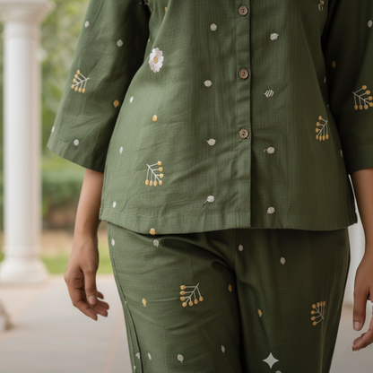 Olive Green Cotton Embroidered Co-Ord Set