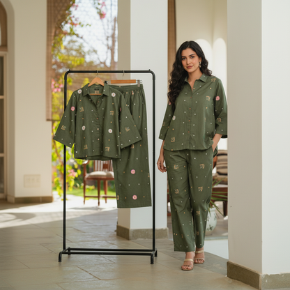 Olive Green Cotton Embroidered Co-Ord Set