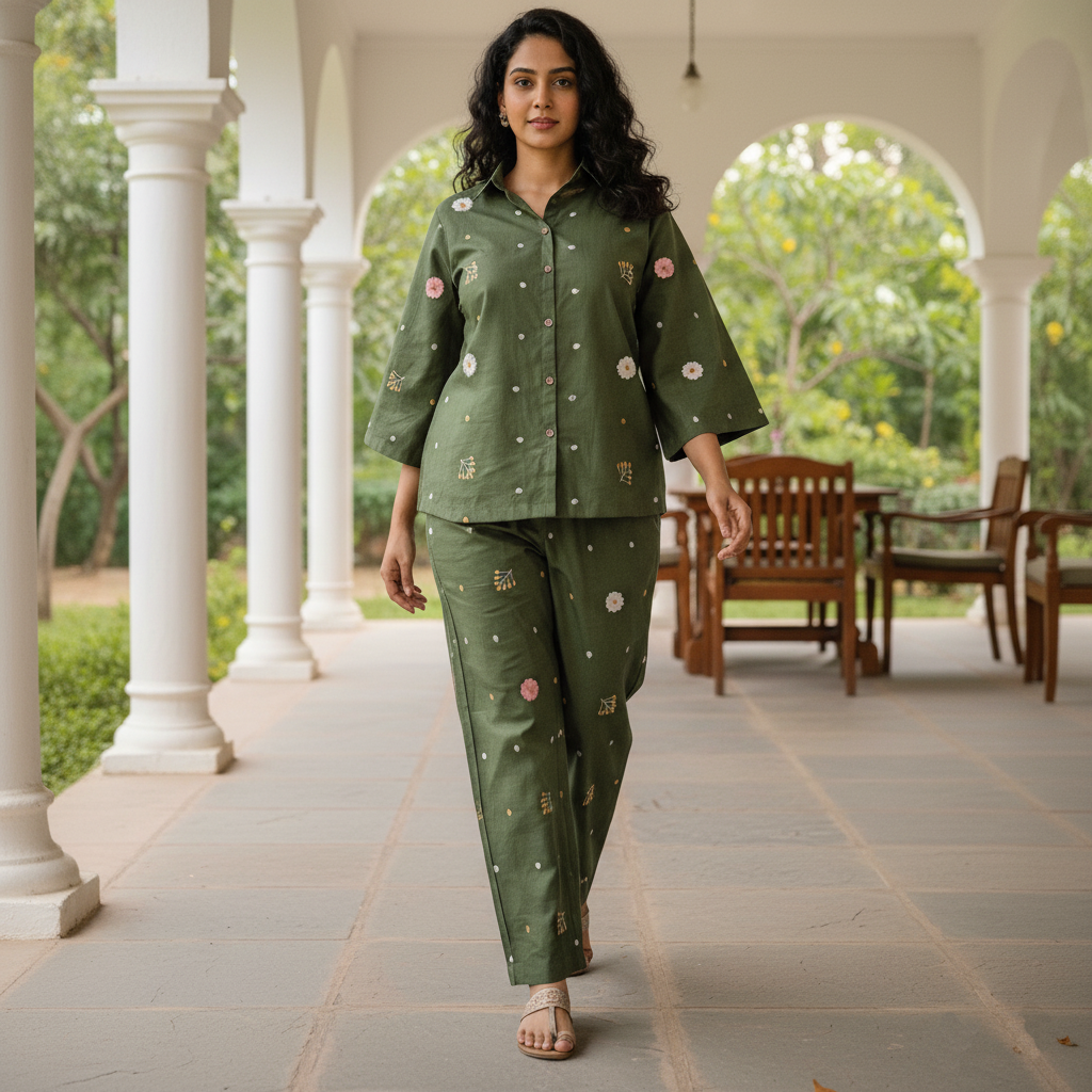 Olive Green Cotton Embroidered Co-Ord Set
