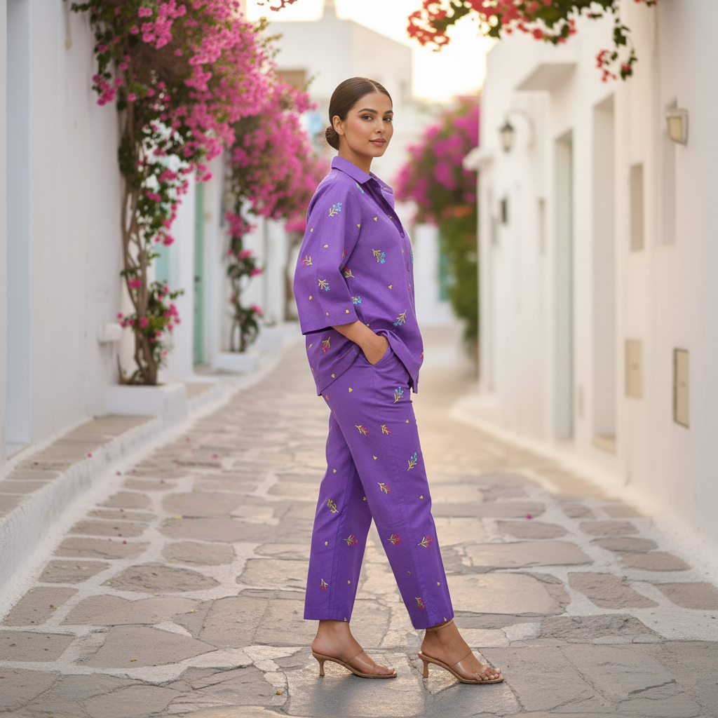 Purple Cotton Embroidered Co-Ord Set