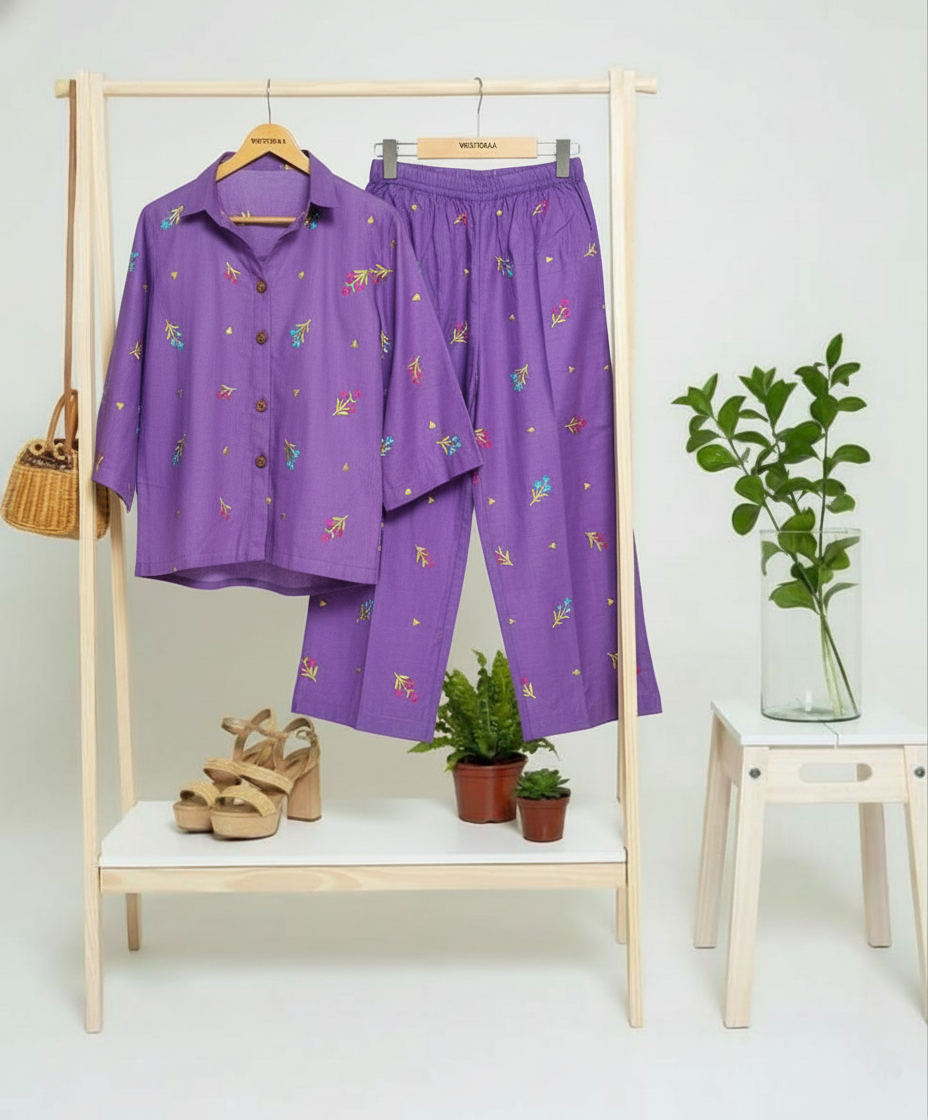 Purple Cotton Embroidered Co-Ord Set