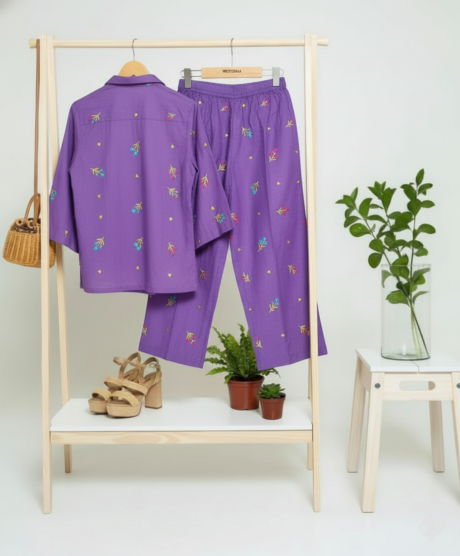 Purple Cotton Embroidered Co-Ord Set