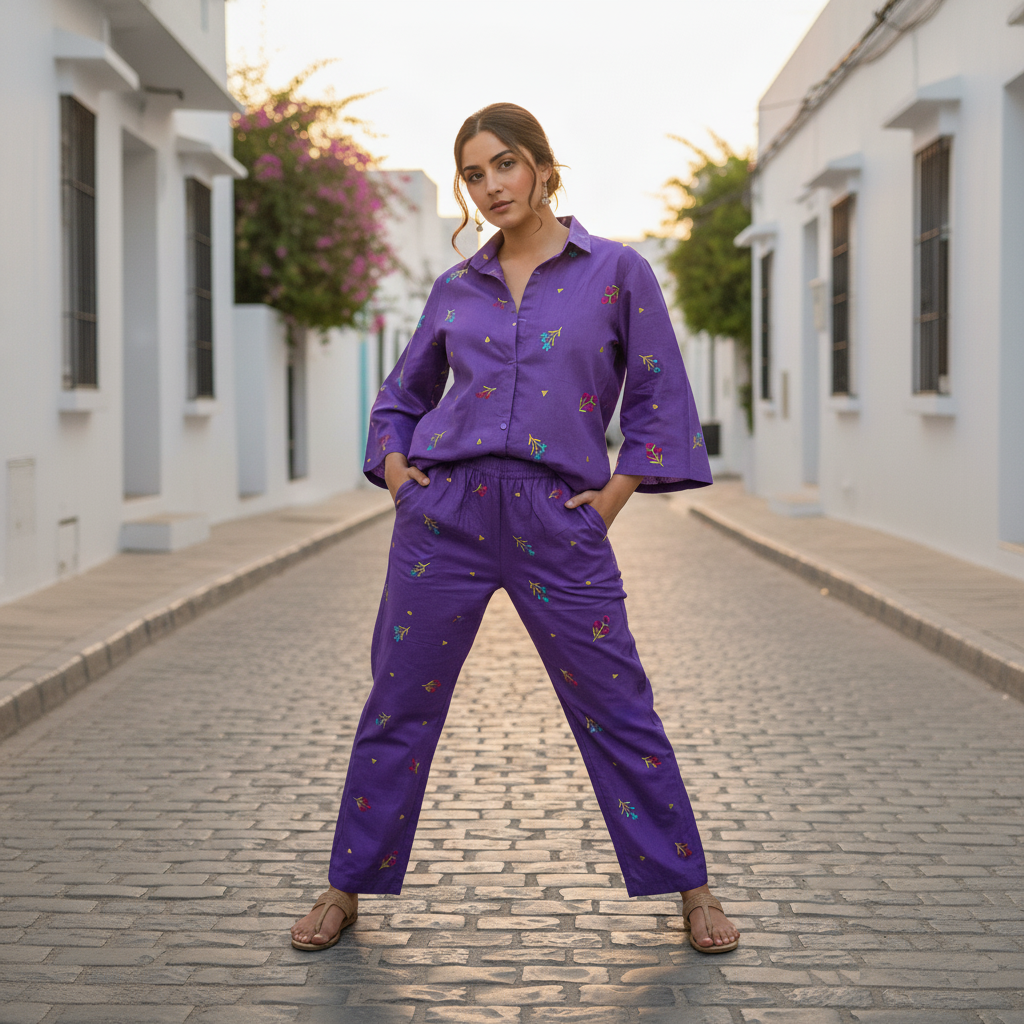 Purple Cotton Embroidered Co-Ord Set