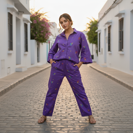 Purple Cotton Embroidered Co-Ord Set