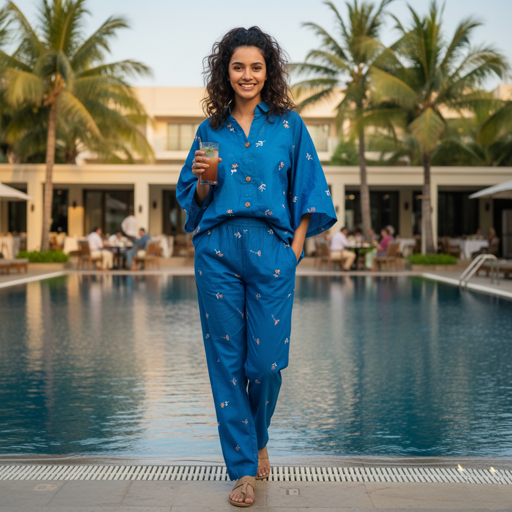 Teal Blue Cotton Embroidered Co-Ord Set