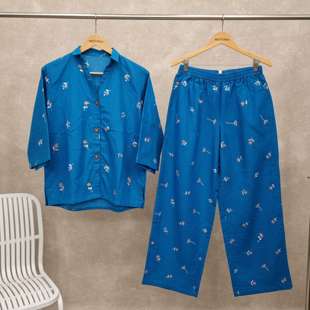 Teal Blue Cotton Embroidered Co-Ord Set