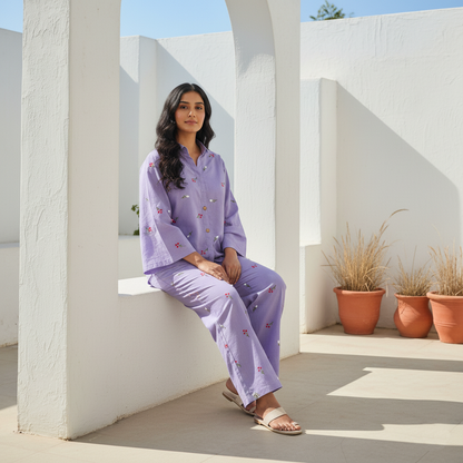 Lavender Cotton Embroidered Co-Ord Set