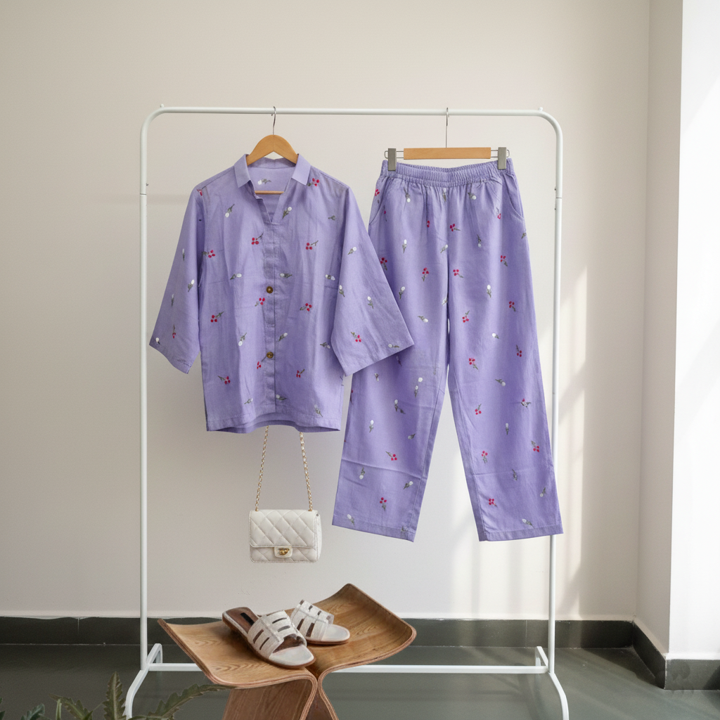 Lavender Cotton Embroidered Co-Ord Set