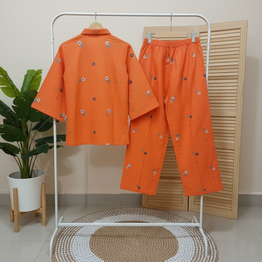 Orange Cotton Embroidered Co-Ord Set