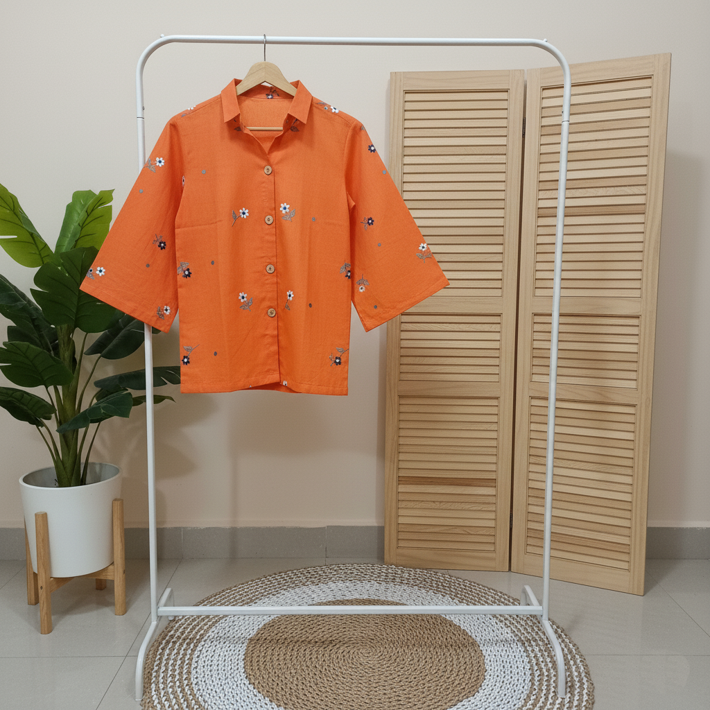 Orange Cotton Embroidered Co-Ord Set