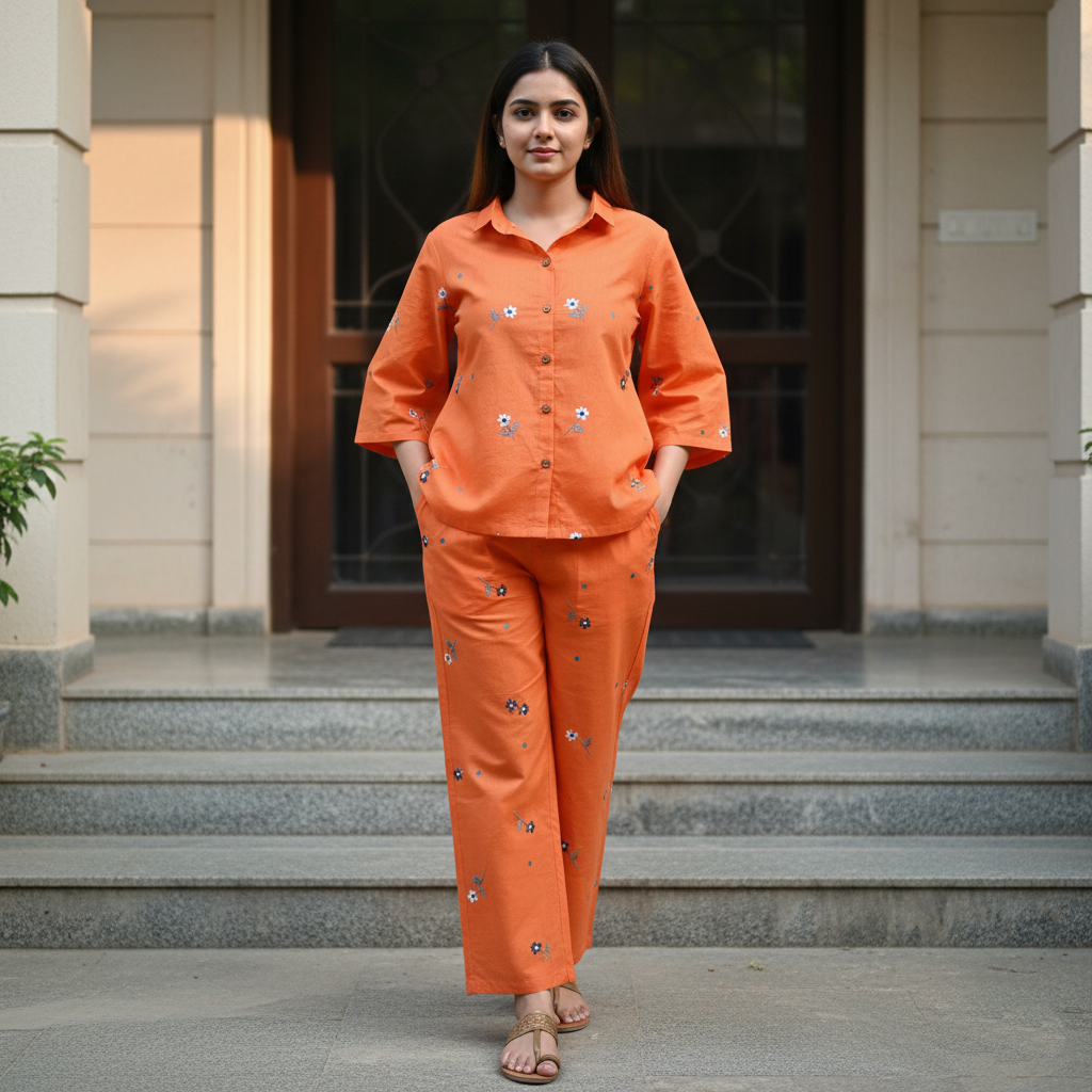 Orange Cotton Embroidered Co-Ord Set