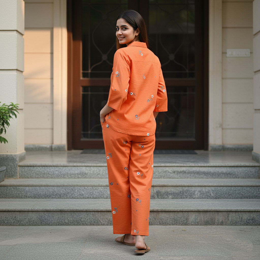 Orange Cotton Embroidered Co-Ord Set