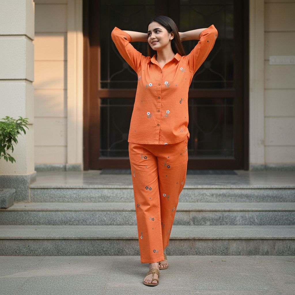 Orange Cotton Embroidered Co-Ord Set