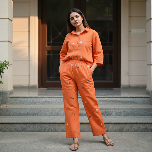 Orange Cotton Embroidered Co-Ord Set