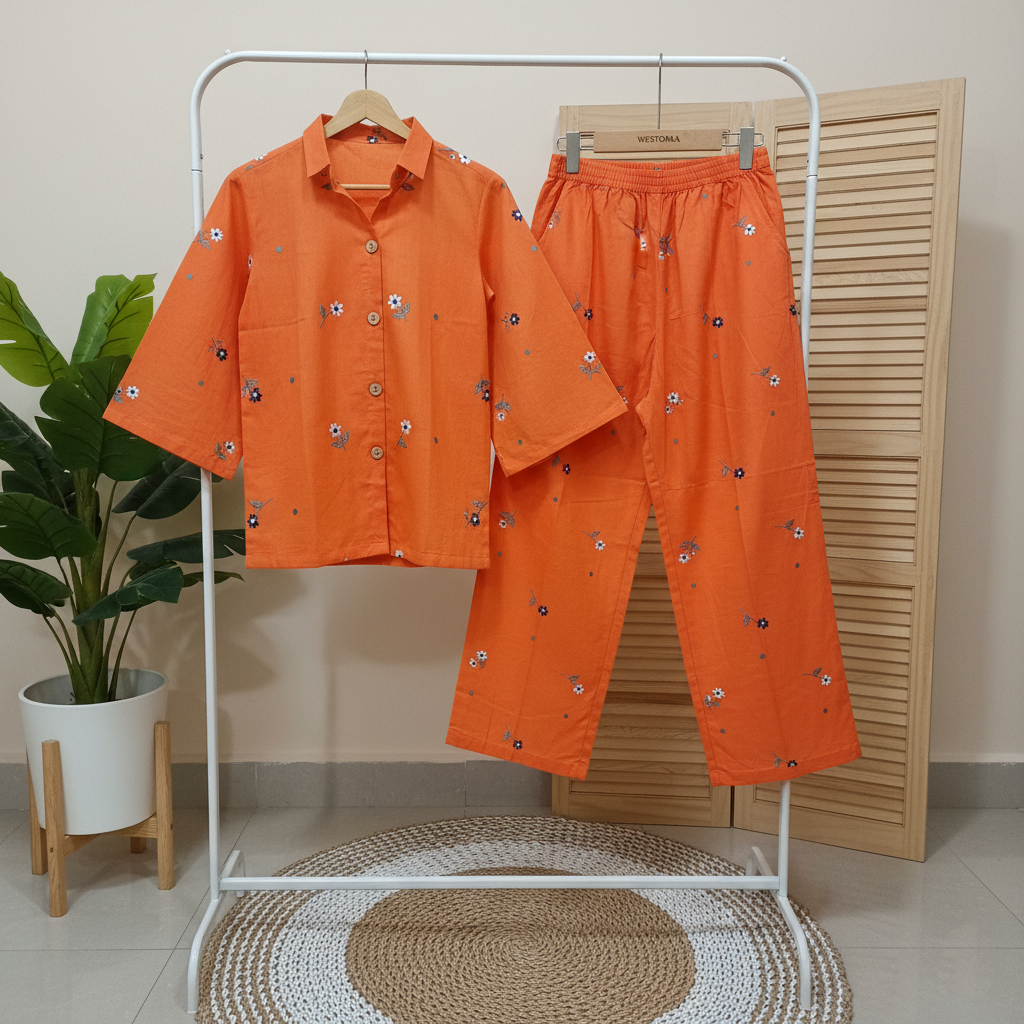 Orange Cotton Embroidered Co-Ord Set