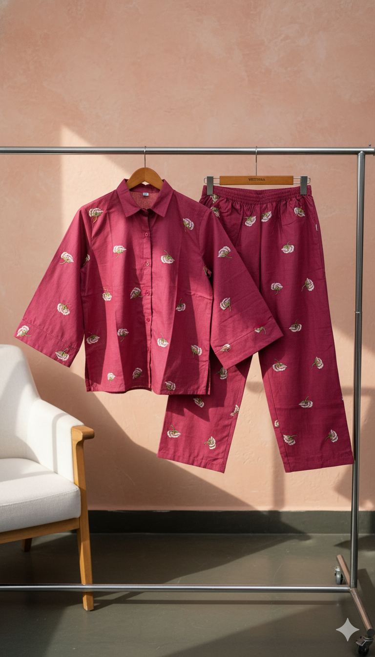 Maroon Cotton Embroidered Co-Ord Set