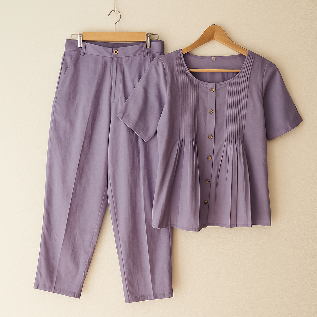 Lavender Cotton Casual Plain O-Neck Pleated Top With Wide Leg Pants