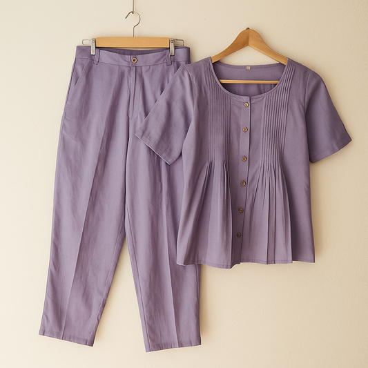 Lavender Cotton Casual Plain O-Neck Pleated Top With Wide Leg Pants