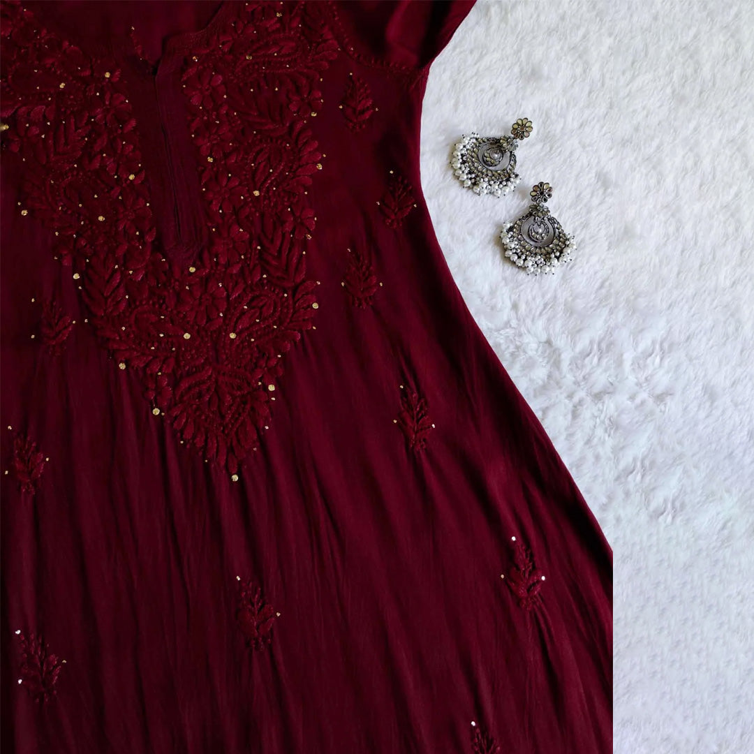 Maroon Rayon Chikankari Long Kurta