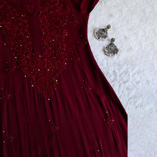 Maroon Rayon Chikankari Long Kurta